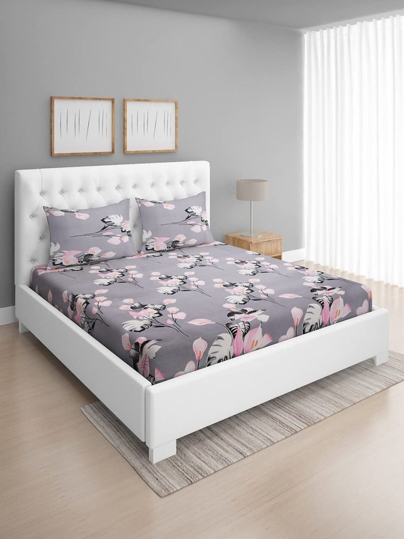 STARNSTYLE 240 TC Cotton Feel Glace Cotton Floral Printed King Size Double Bedsheet with 2 Pillow Covers, Grey - Image 1